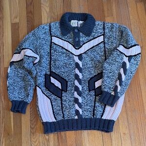 Vintage NOVO 1986 Men's Grandpa Wool-Blend Knit Sweater in Gray Black Pink Retro